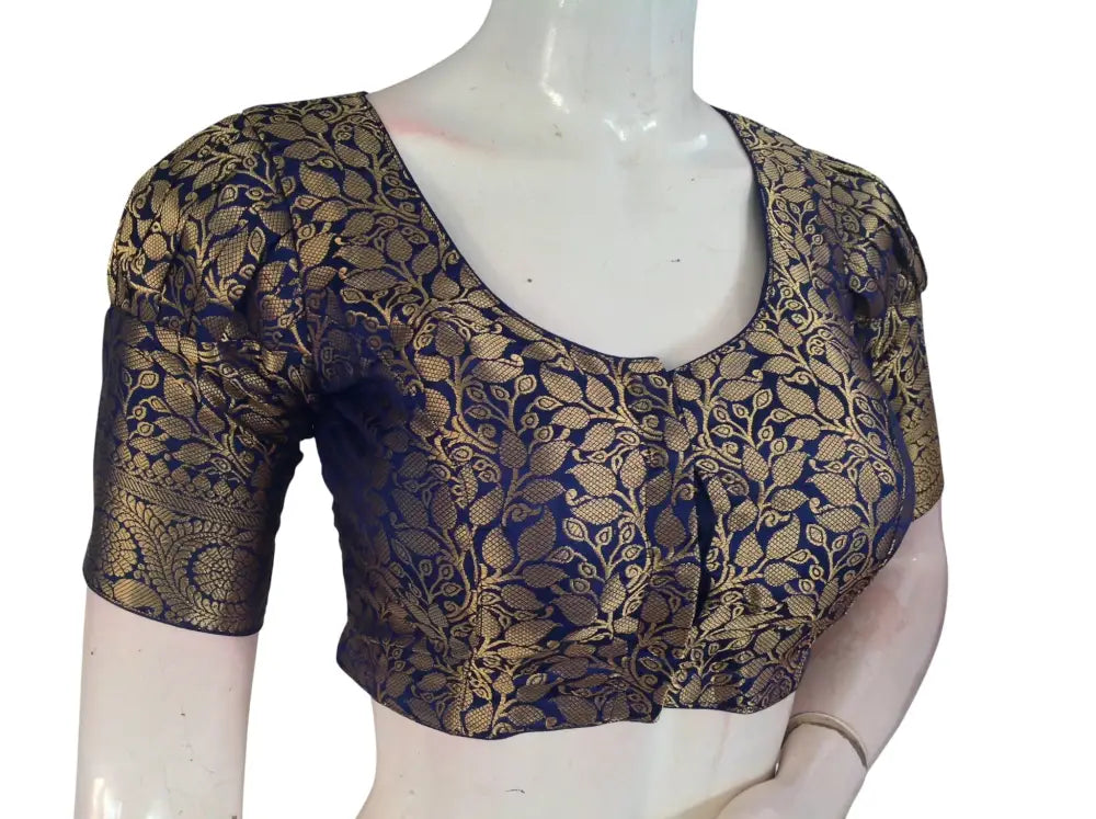 Banarasi Brocade Silk Puff Sleeve Saree Blouse |Ready to Wear|Wedding & Festive Readymade Blouse - Navy Blue 1 / 34