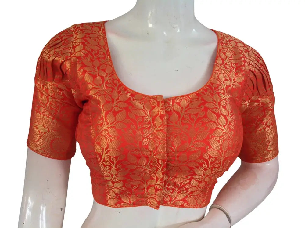Banarasi Brocade Silk Puff Sleeve Saree Blouse |Ready to Wear|Wedding & Festive Readymade Blouse - Orange / 34