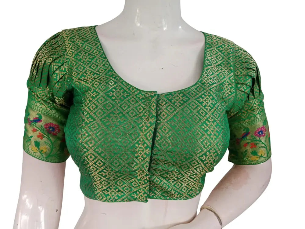Banarasi Brocade Silk Puff Sleeve Saree Blouse |Ready to Wear|Wedding & Festive Readymade Blouse - Green / 34