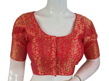 Banarasi Brocade Silk Puff Sleeve Saree Blouse |Ready to Wear|Wedding & Festive Readymade Blouse - Red / 38