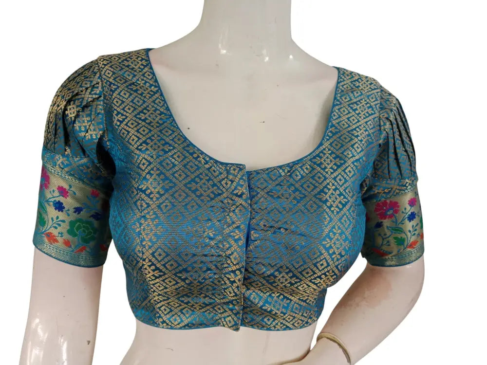 Banarasi Brocade Silk Puff Sleeve Saree Blouse |Ready to Wear|Wedding & Festive Readymade Blouse - Blue / 34