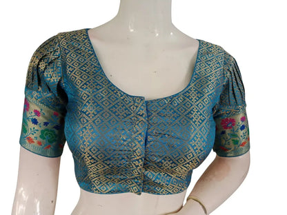 Banarasi Brocade Silk Puff Sleeve Saree Blouse |Ready to Wear|Wedding & Festive Readymade Blouse - Blue / 34