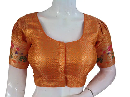 Banarasi Brocade Silk Puff Sleeve Saree Blouse |Ready to Wear|Wedding & Festive Readymade Blouse - Mustard / 34