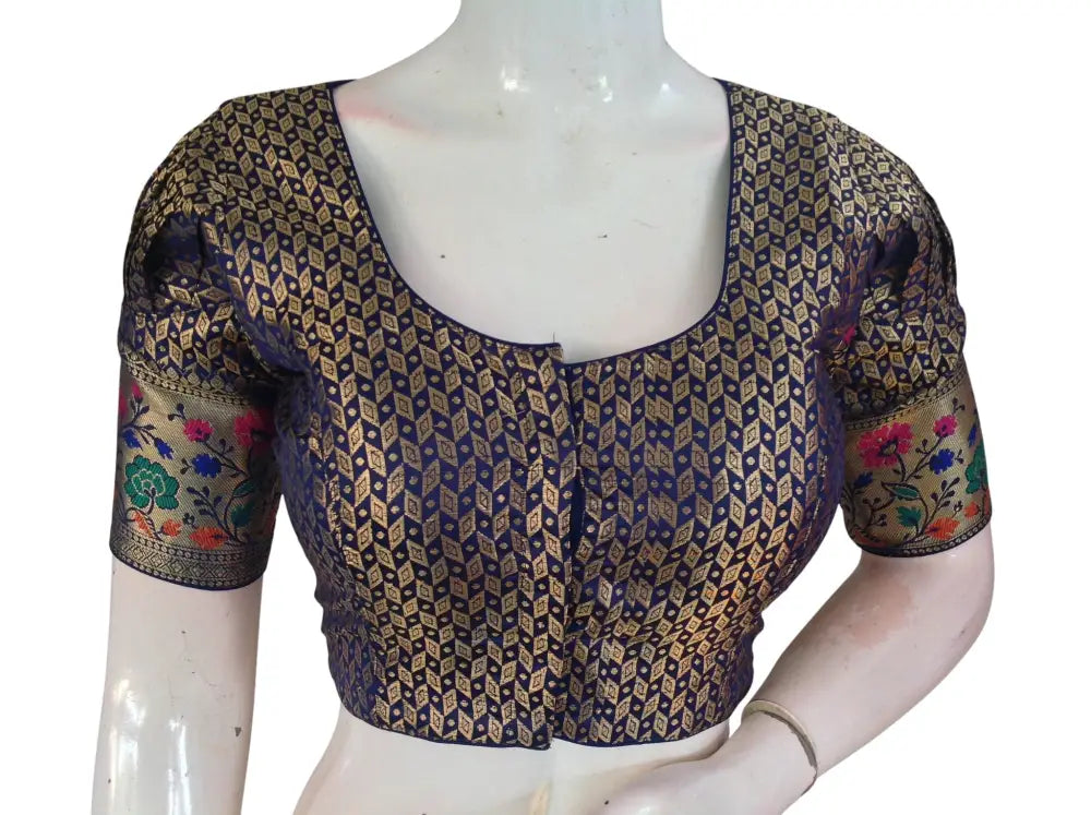 Banarasi Brocade Silk Puff Sleeve Saree Blouse |Ready to Wear|Wedding & Festive Readymade Blouse - Navy Blue 2 / 38