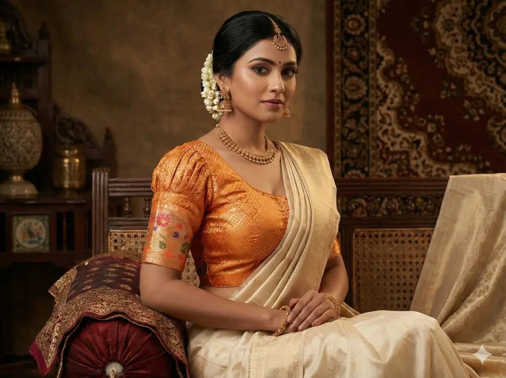 Brocade silk Puff sleeves saree blouses