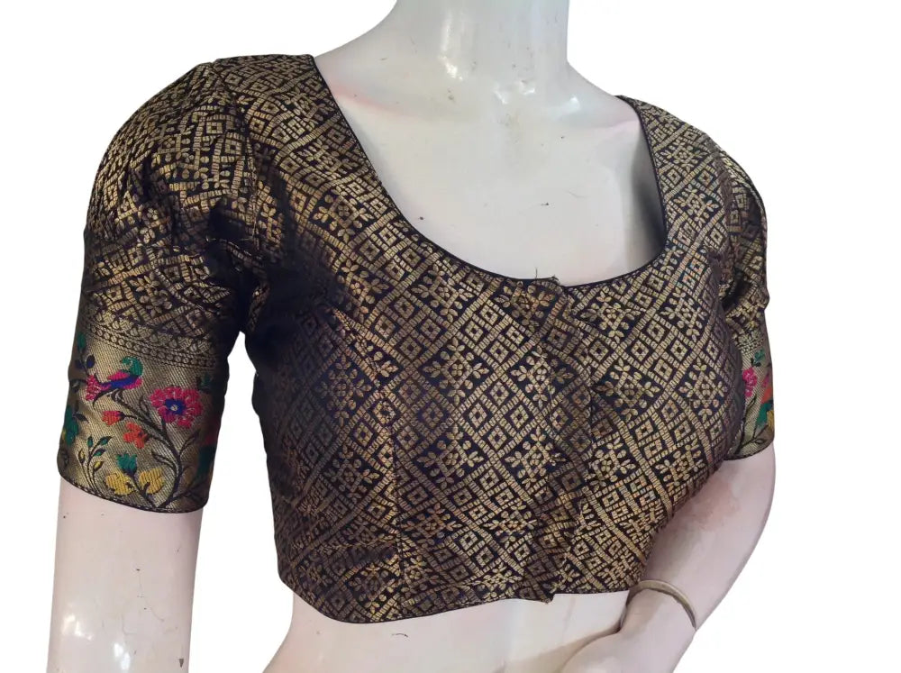 Banarasi Brocade Silk Puff Sleeve Saree Blouse |Ready to Wear|Wedding & Festive Readymade Blouse - Black / 38