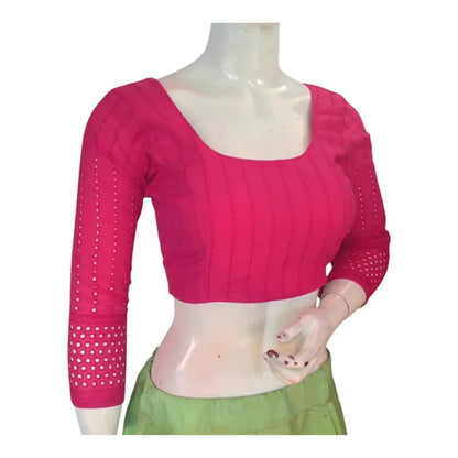 Beautiful Pink Hakoba Cotton Bracelet Sleeve Readymade Saree Blouse - D3blouses