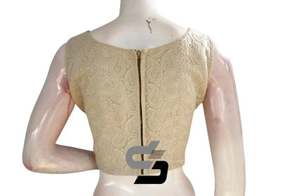 Beige Color Chikankari Embroidery Boat Neck Readymade Saree blouse - D3blouses