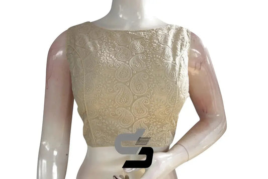 Beige Color Chikankari Embroidery Boat Neck Readymade Saree blouse - D3blouses