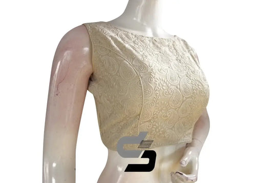 Beige Color Chikankari Embroidery Boat Neck Readymade Saree blouse - D3blouses