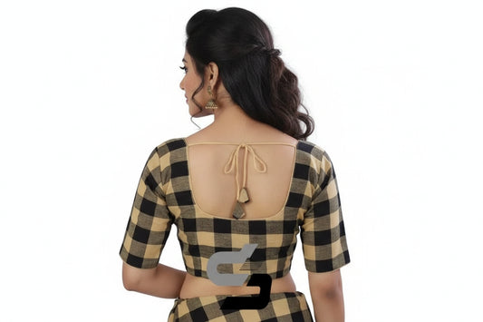 Back view of padded beige checks readymade blouse showing deep neck and hook opening. D3blouses