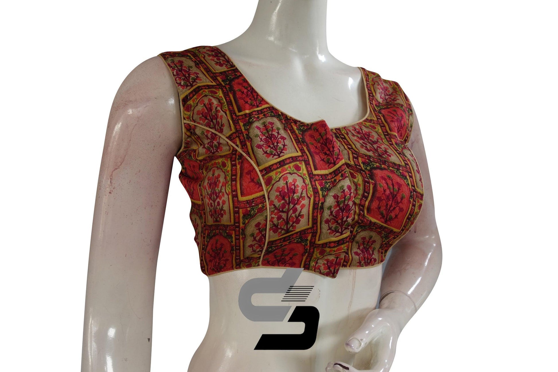 Beige Color Printed silk Sleeveless Readymade saree blouse - D3blouses