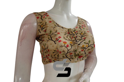 Beige Color Printed silk Sleeveless Readymade saree blouse - D3blouses