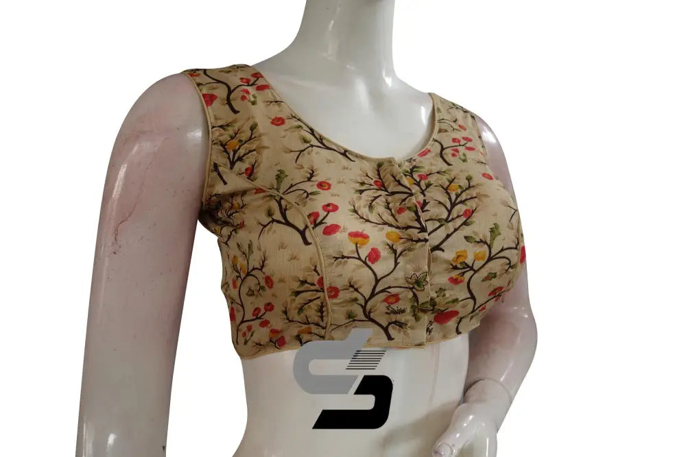 Beige Color Printed silk Sleeveless Readymade saree blouse - D3blouses