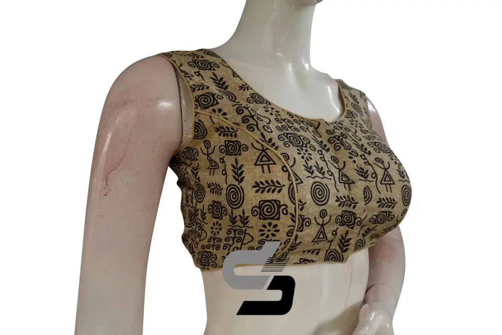 Beige Color Printed silk Sleeveless Readymade saree blouse - D3blouses