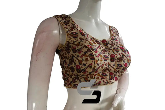 Beige Color Printed silk Sleeveless Readymade saree blouse - D3blouses
