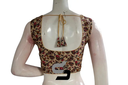 Beige Color Printed silk Sleeveless Readymade saree blouse - D3blouses