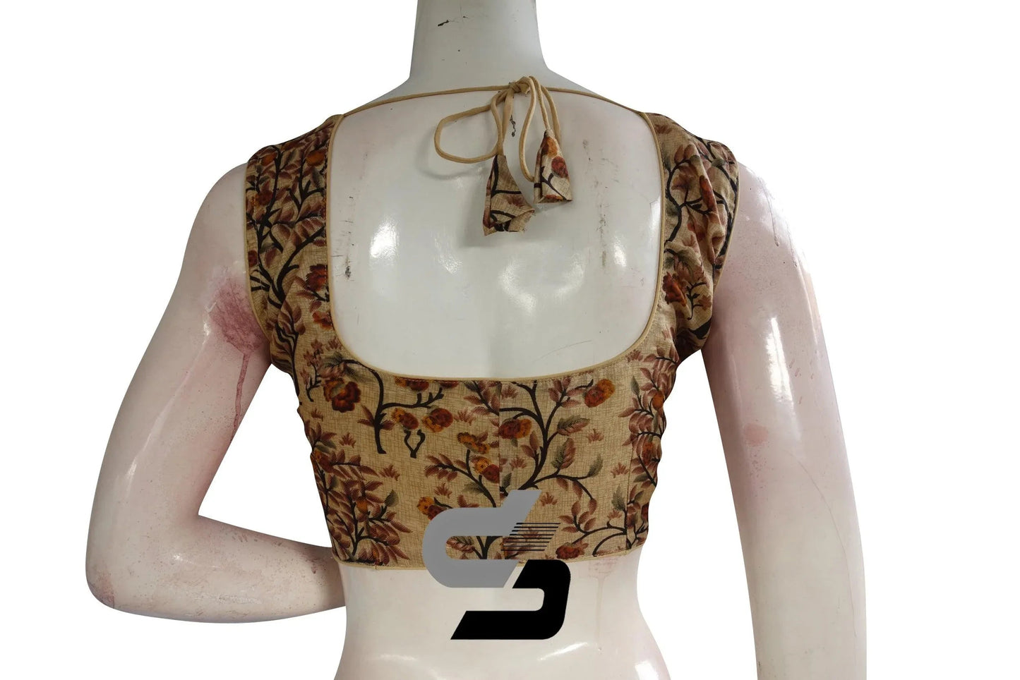 Beige Color Printed silk Sleeveless Readymade saree blouse - D3blouses