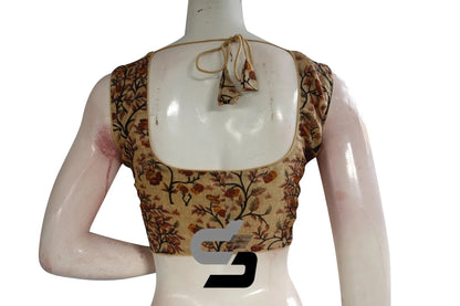 Beige Color Printed silk Sleeveless Readymade saree blouse - D3blouses