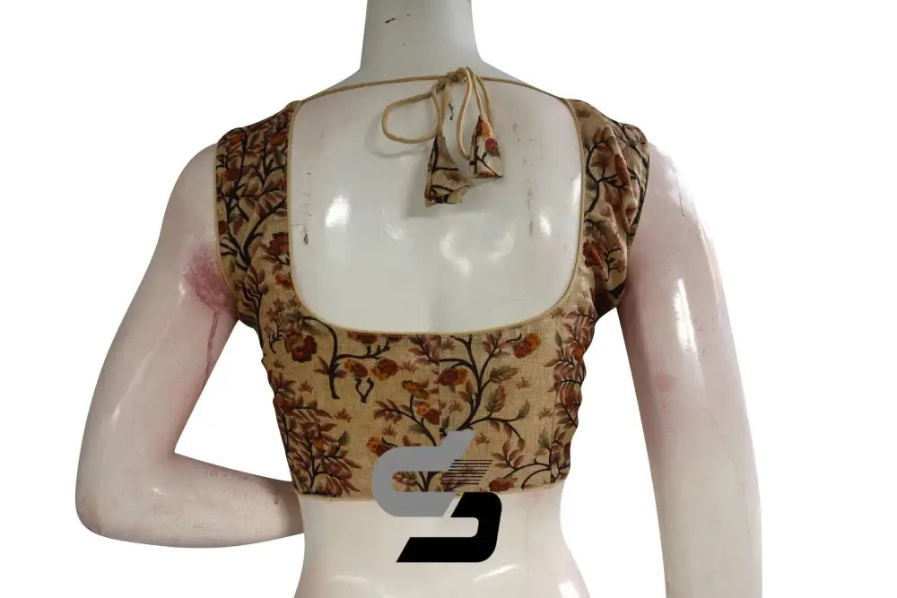 Beige Color Printed silk Sleeveless Readymade saree blouse - D3blouses