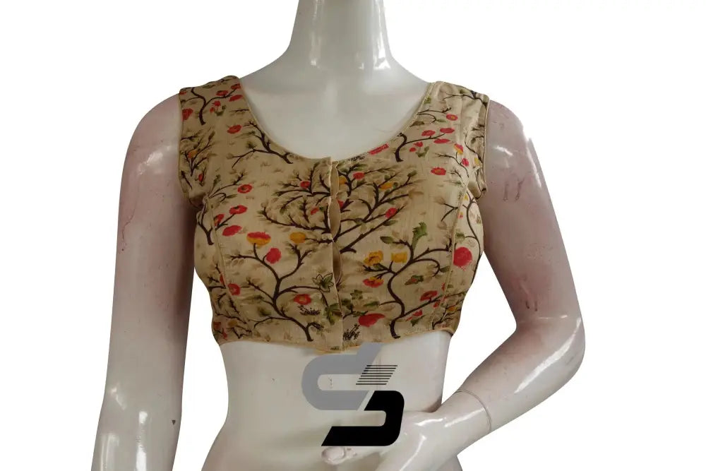 Beige Color Printed silk Sleeveless Readymade saree blouse - D3blouses