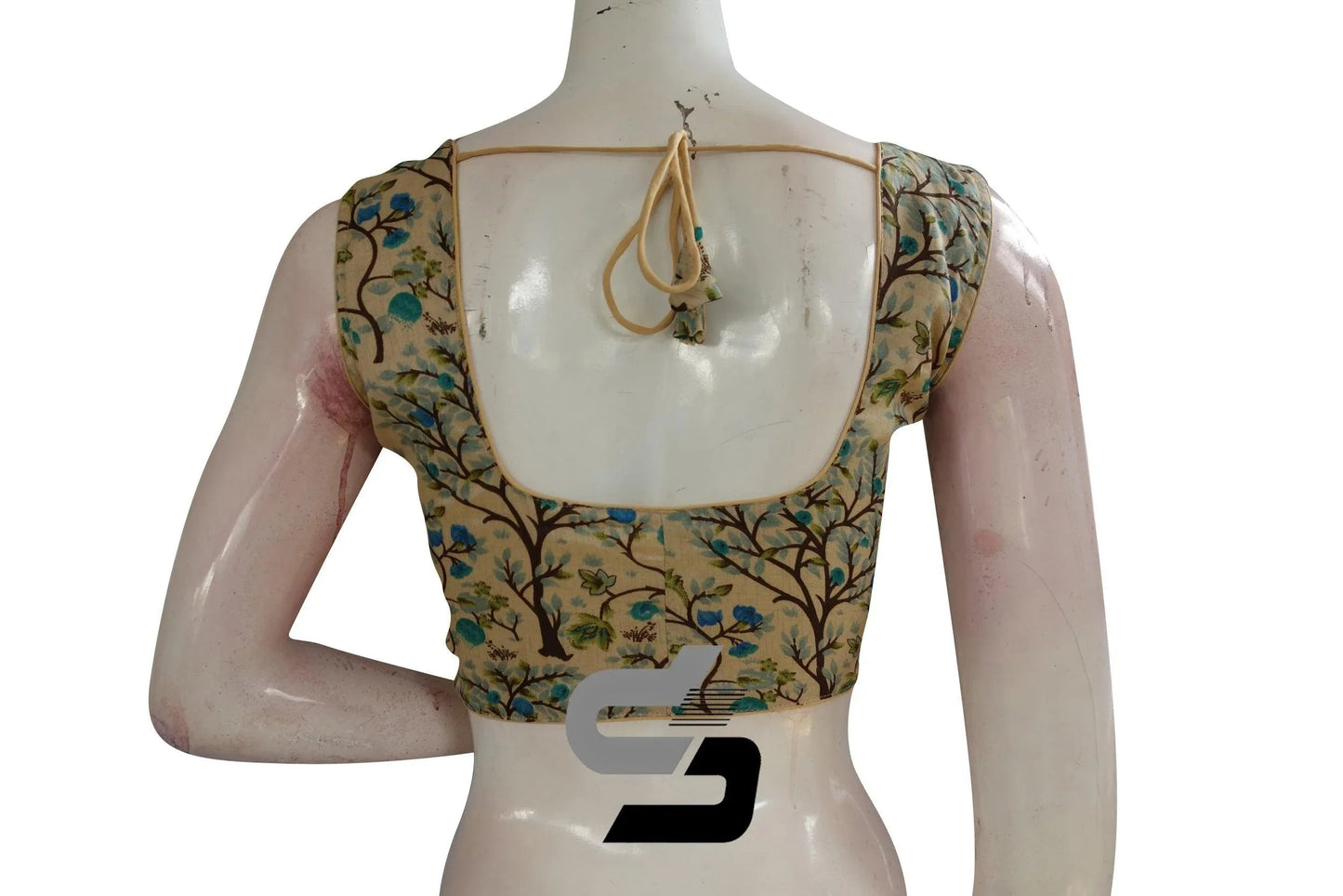 Beige Color Printed silk Sleeveless Readymade saree blouse - D3blouses