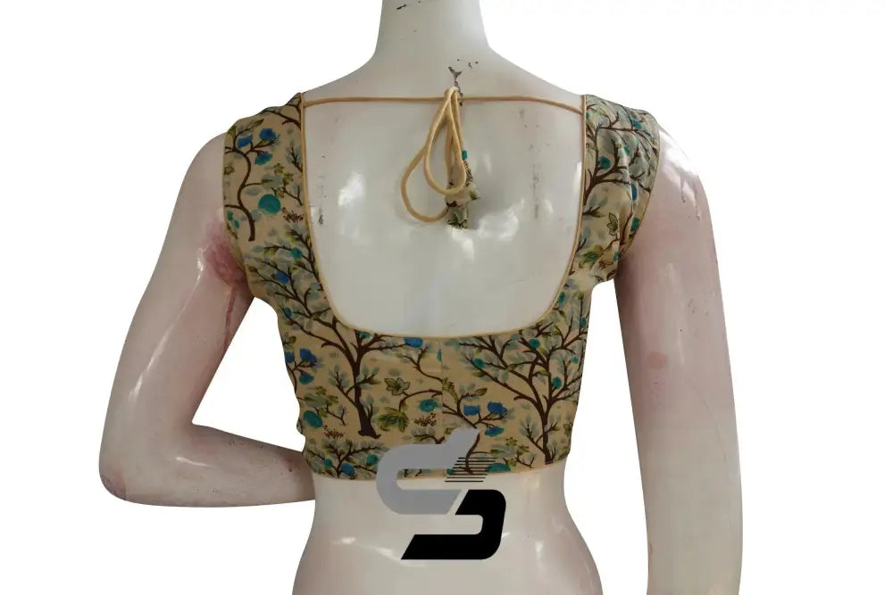 Beige Color Printed silk Sleeveless Readymade saree blouse - D3blouses