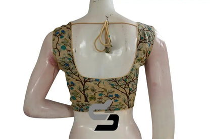 Beige Color Printed silk Sleeveless Readymade saree blouse - D3blouses