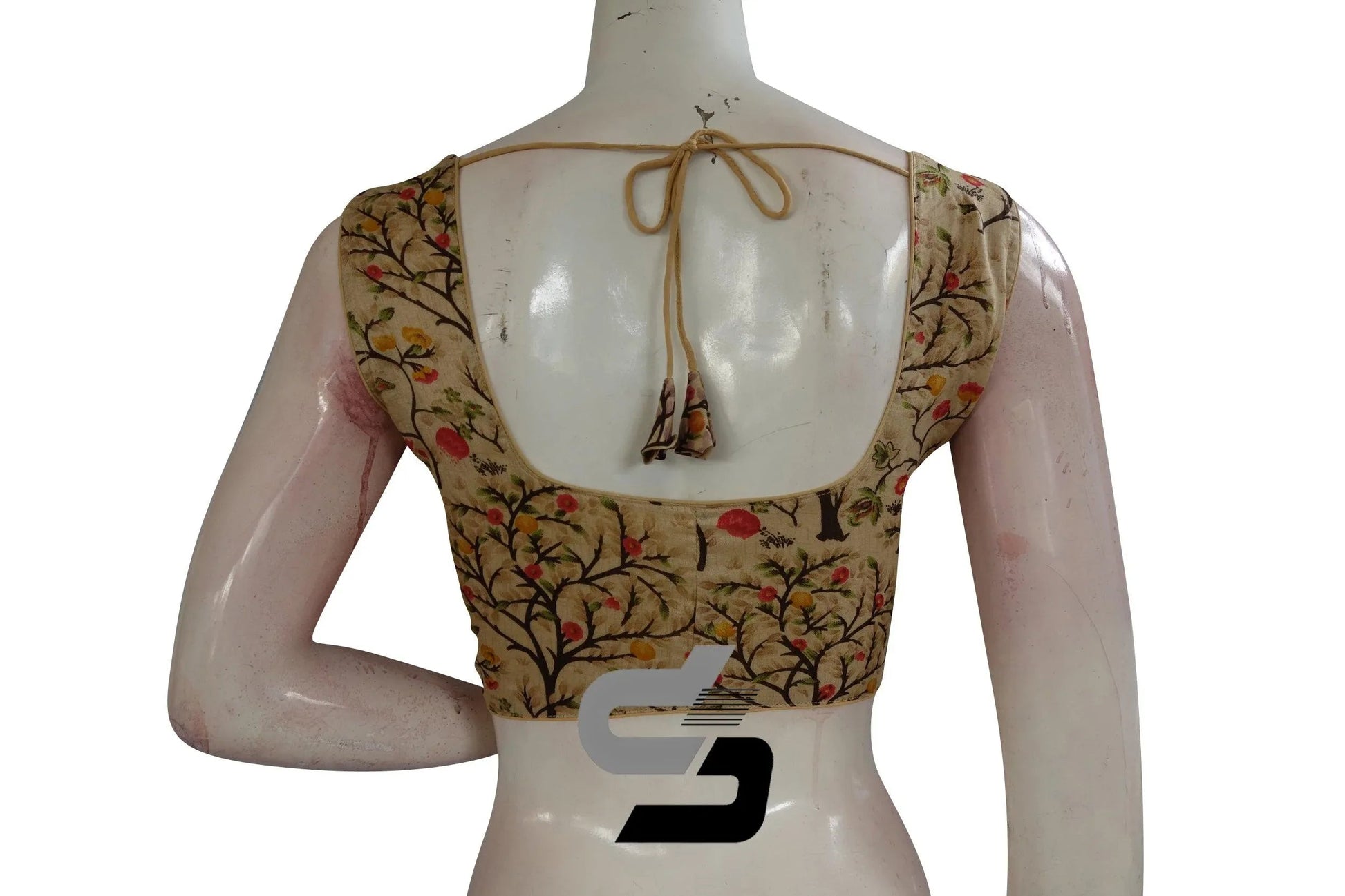 Beige Color Printed silk Sleeveless Readymade saree blouse - D3blouses
