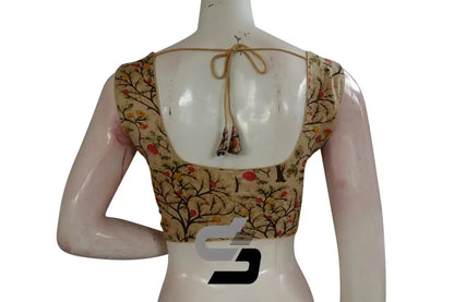 Beige Color Printed silk Sleeveless Readymade saree blouse - D3blouses