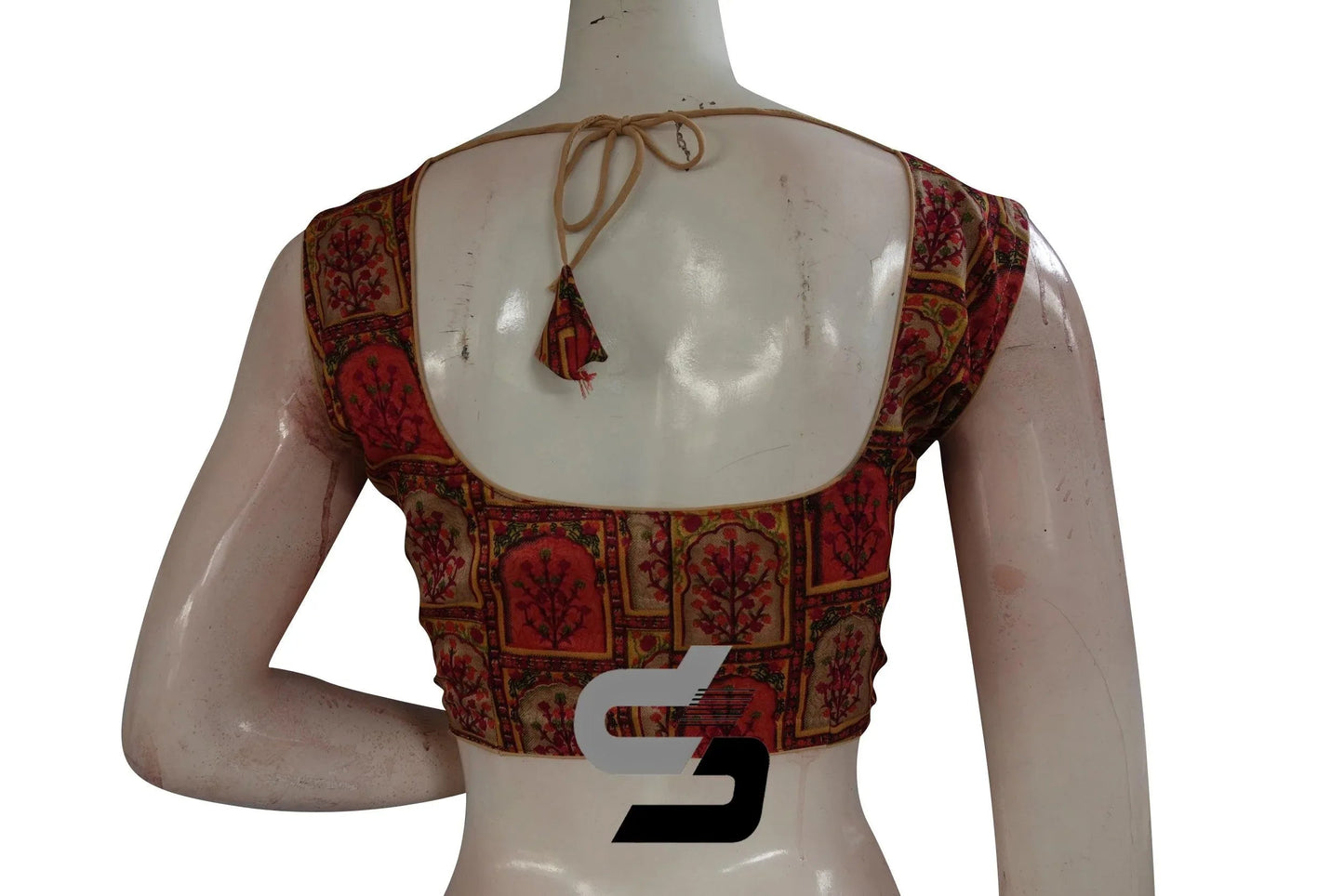 Beige Color Printed silk Sleeveless Readymade saree blouse - D3blouses