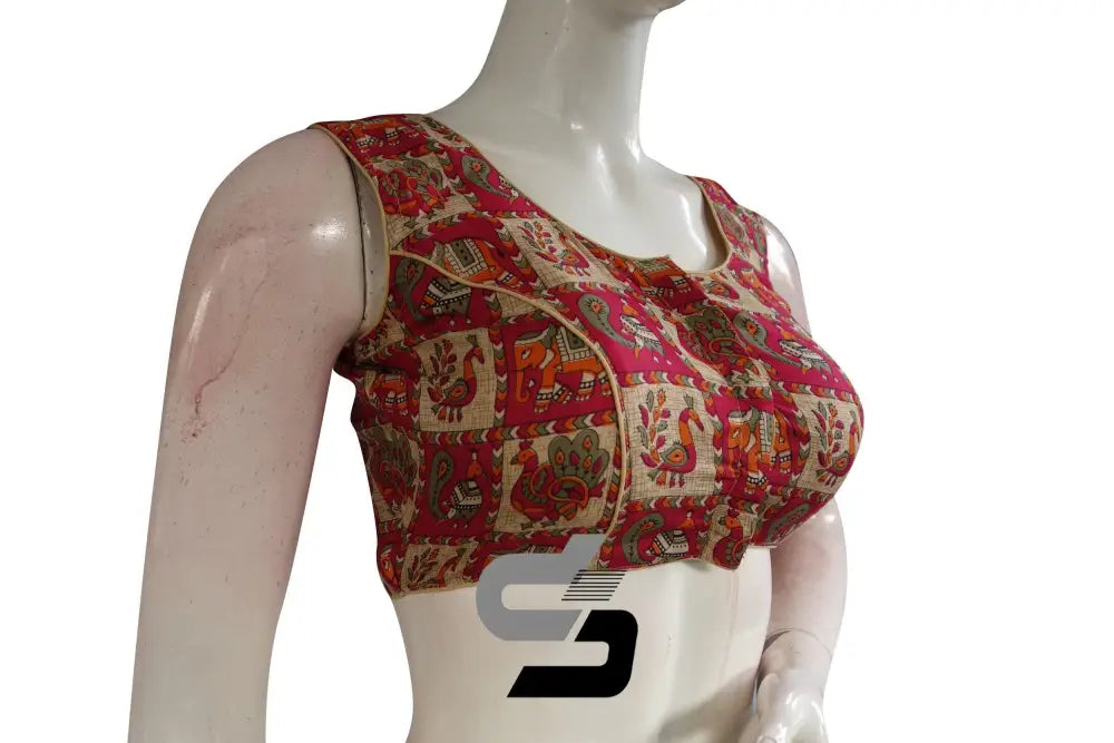 Beige Color Printed silk Sleeveless Readymade saree blouse - D3blouses