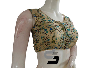 Beige Color Printed silk Sleeveless Readymade saree blouse - D3blouses