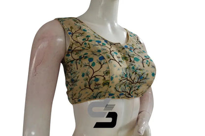 Beige Color Printed silk Sleeveless Readymade saree blouse - D3blouses