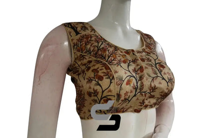 Beige Color Printed silk Sleeveless Readymade saree blouse - D3blouses