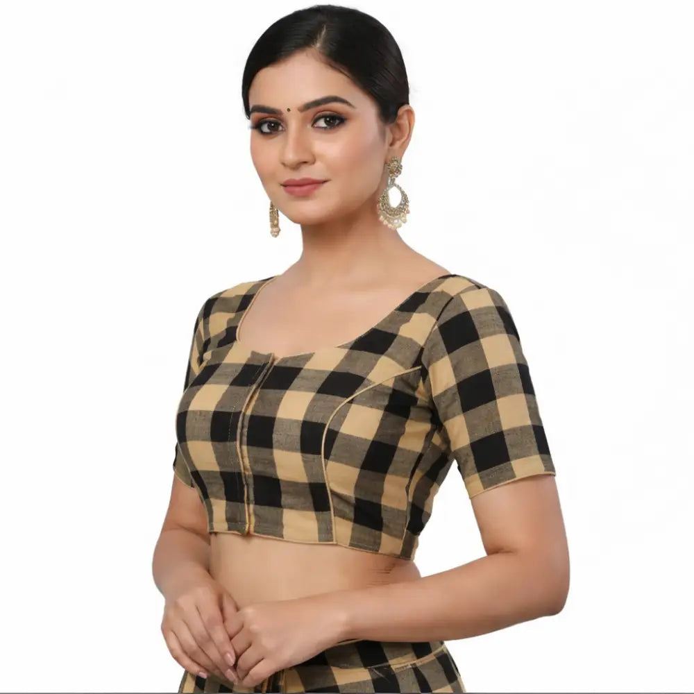 Front view of beige cotton checks readymade saree blouse with princess cut fit.