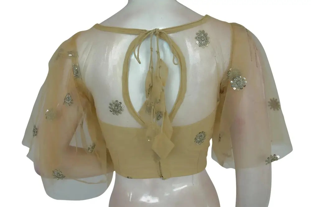 Beige Elegance, Organza Netted Frill Designer Readymade Blouse - D3blouses
