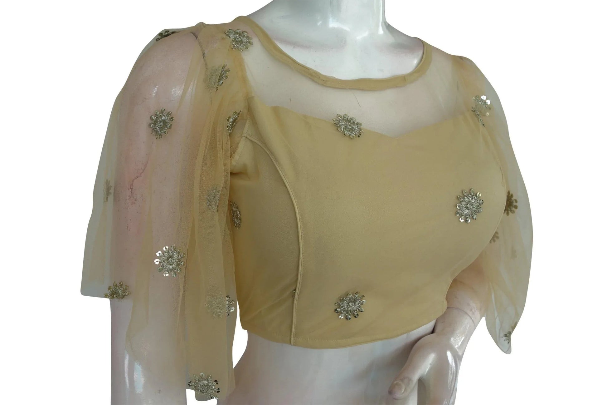 Beige Elegance, Organza Netted Frill Designer Readymade Blouse - D3blouses