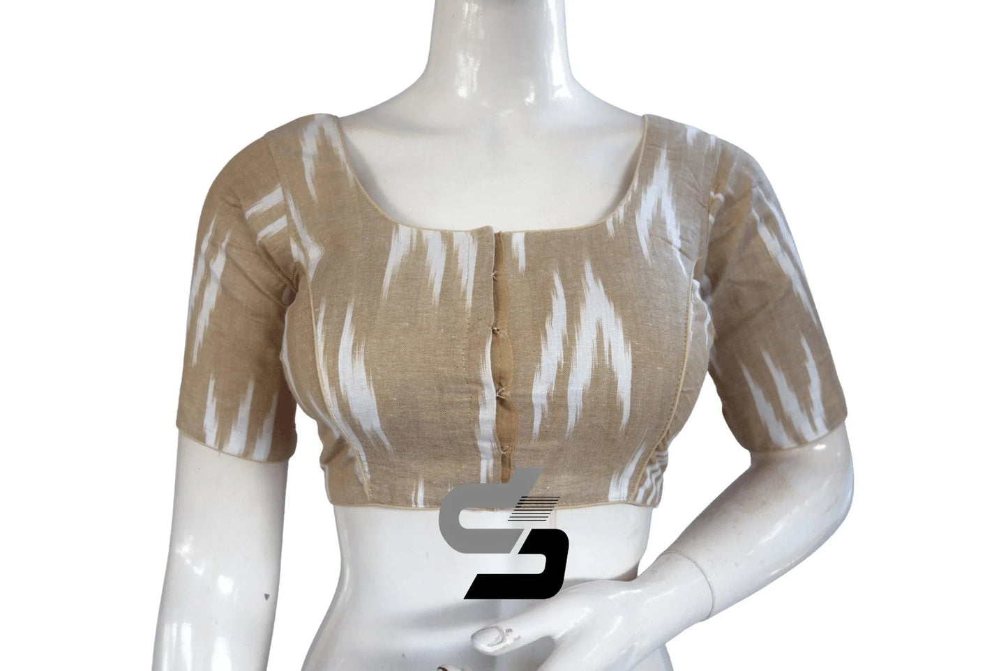 Beige, Elegant Ikkat Designer Cotton Readymade Blouse for Women - D3blouses