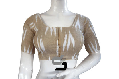 Beige, Elegant Ikkat Designer Cotton Readymade Blouse for Women - D3blouses