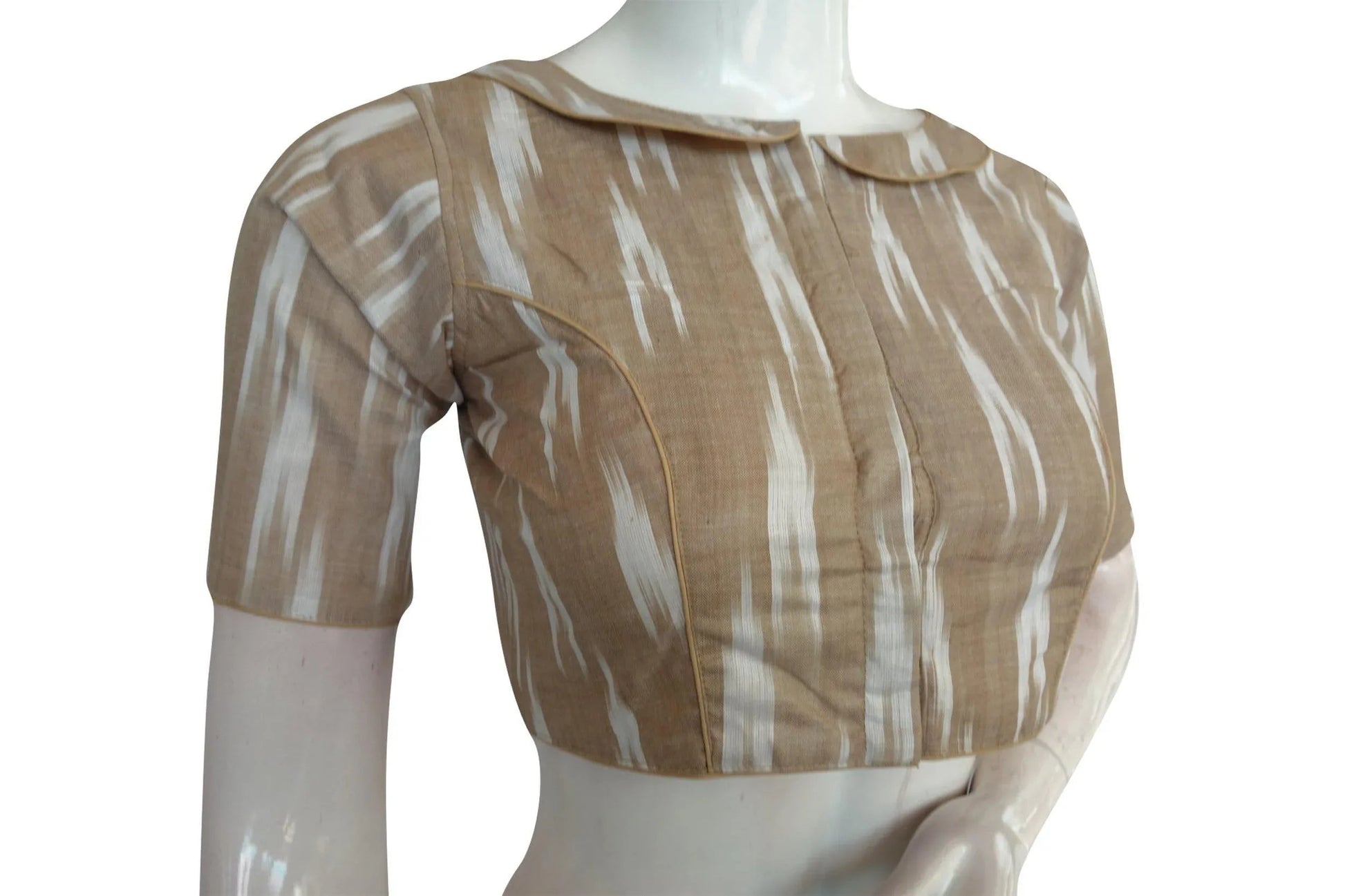 Beige Ikkat Peter Pan Collar Readymade Blouse by D3 Blouse, Classic Style - D3blouses