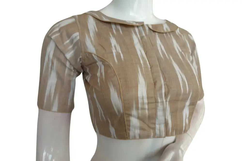 Beige Ikkat Peter Pan Collar Readymade Blouse by D3 Blouse, Classic Style - D3blouses