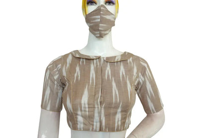 Beige Ikkat Peter Pan Collar Readymade Blouse by D3 Blouse, Classic Style - D3blouses