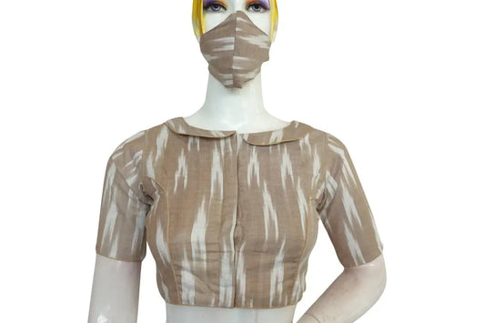 Beige Ikkat Peter Pan Collar Readymade Blouse by D3 Blouse, Classic Style - D3blouses