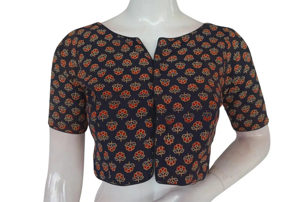 Black Color Ajrakh Boat Neck Cotton Readymade Blouse, Cotton Collection For Sale - D3blouses