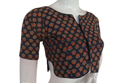 Black Color Ajrakh Boat Neck Cotton Readymade Blouse, Cotton Collection For Sale - D3blouses
