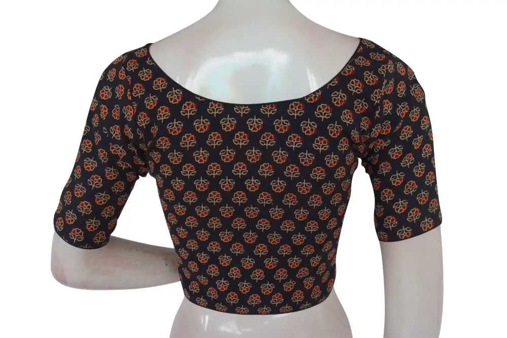 Black Color Ajrakh Boat Neck Cotton Readymade Blouse, Cotton Collection For Sale - D3blouses