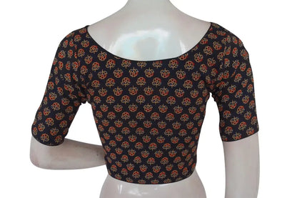 Black Color Ajrakh Boat Neck Cotton Readymade Blouse, Cotton Collection For Sale - D3blouses