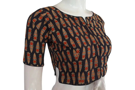 Black Color Ajrakh Boat Neck Cotton Readymade Blouse, Indian Designer Blouse - D3blouses