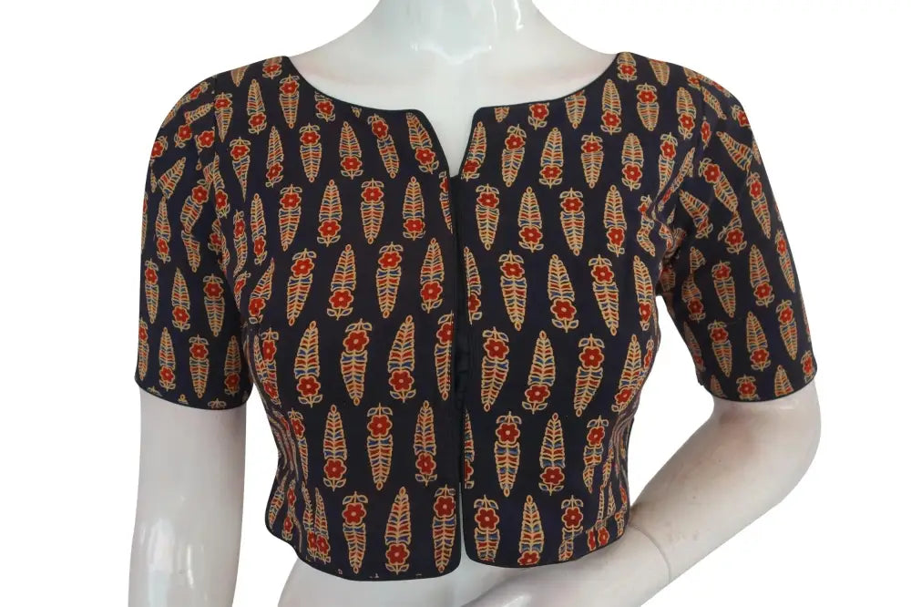 Black Color Ajrakh Boat Neck Cotton Readymade Blouse, Indian Designer Blouse - D3blouses